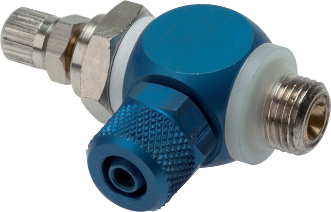Régulateur de débit sur échappement G 1/8 à G 1/4 – tube 8 × 6 mm, corps banjo aluminium, vis moletée et contre-écrou — GRL A KOR