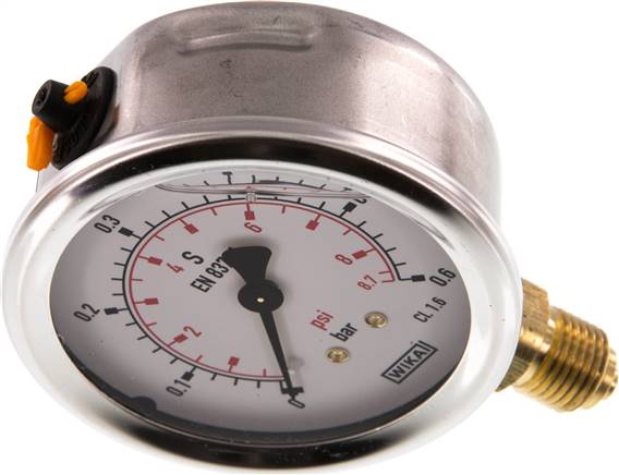 manomètre à bain de glycérine, vertical (CrNi/Ms),63 mm, 0 à 0,6 bar