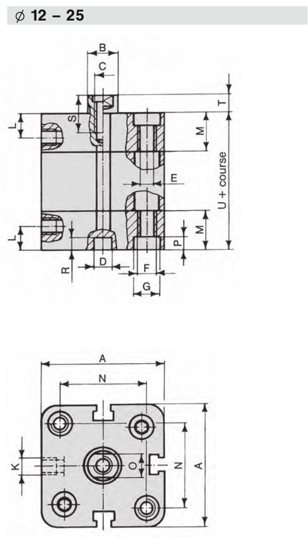 Illustration technique AIRTEC NXD version 210 à tige taraudée, alésages 12 à 25 mm