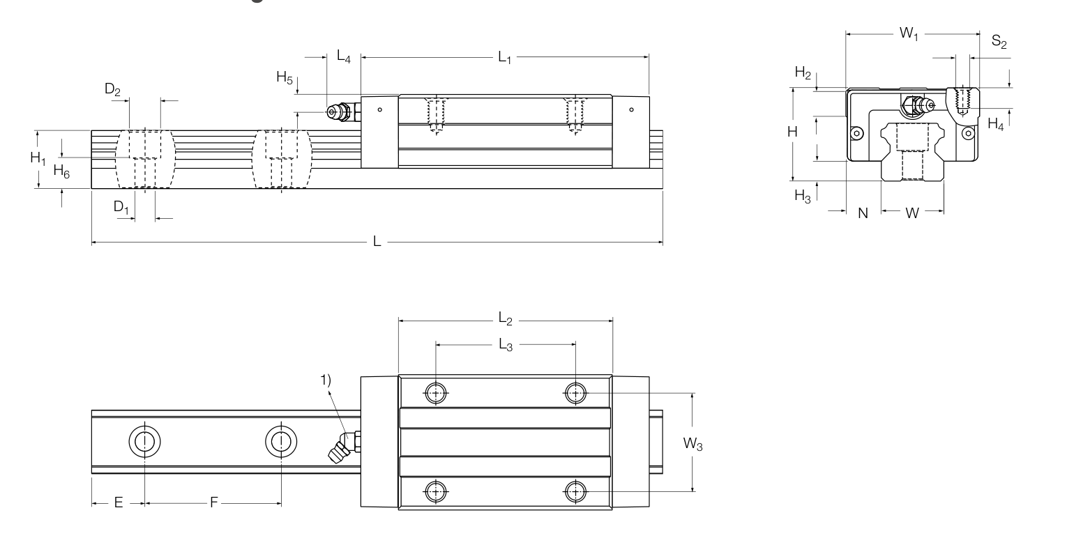 Schéma fabricant du chariot Ewellix LLTHC-LU — rail non fourni