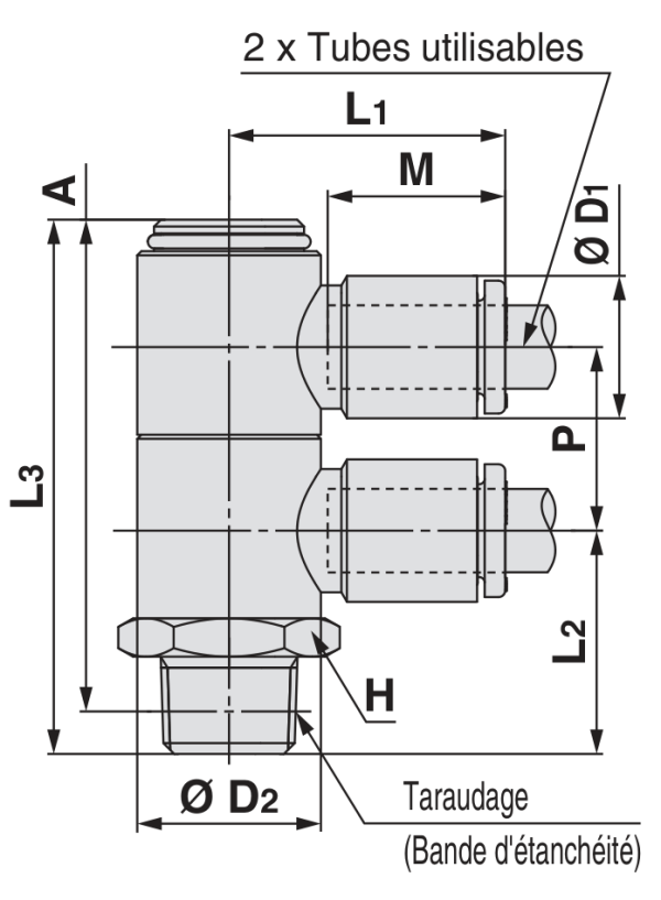 SMC KQ2VD double raccord banjo mâle R — schéma constructeur exact