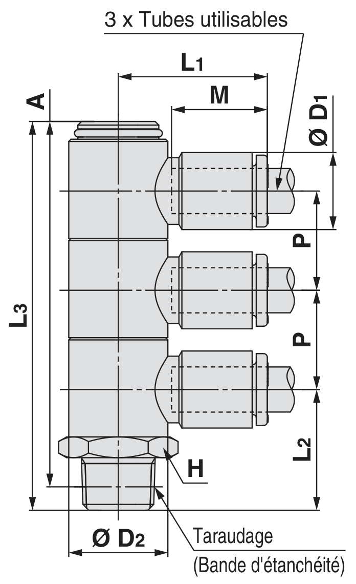 SMC KQ2VT triple raccord banjo mâle R — schéma constructeur exact