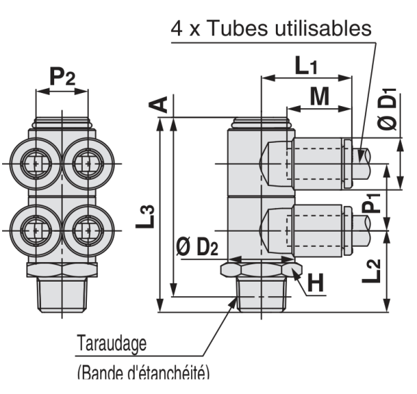 SMC KQ2ZD double raccord banjo droit mâle R — schéma constructeur exact