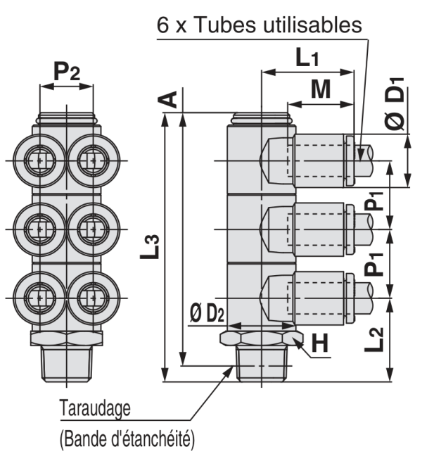 SMC KQ2ZT triple raccord banjo droit mâle R — schéma constructeur exact