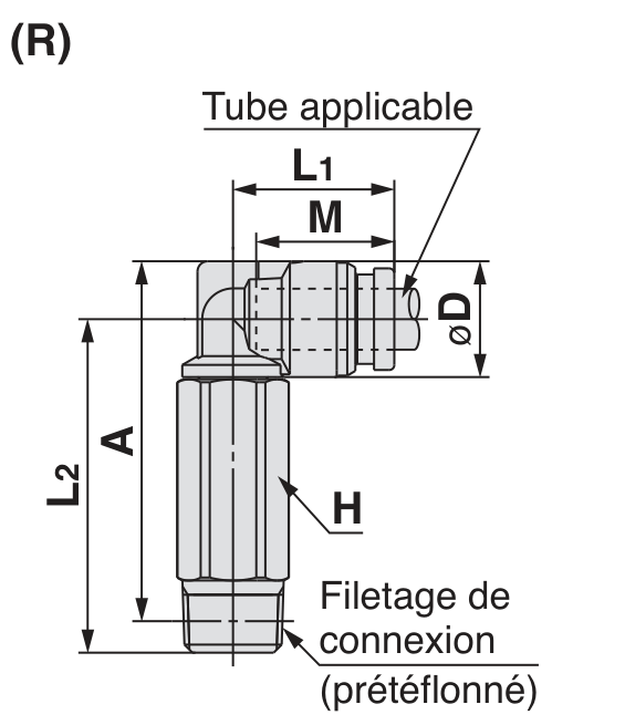 SMC KQB2W coude mâle prolongé R — schéma constructeur exact