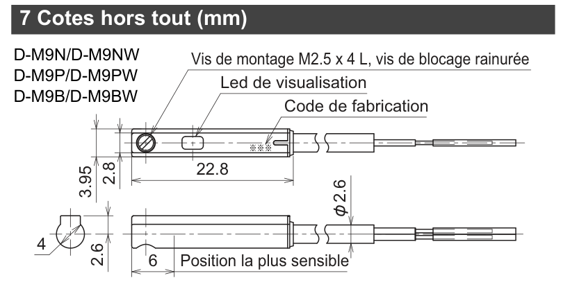 SMC D-M9P — schéma complet du corps axial 22,8 mm, composant seul