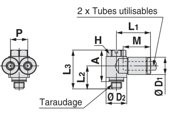 SMC KQ2Z raccord banjo mâle droit M5 métrique — deux sorties tube, dessin constructeur