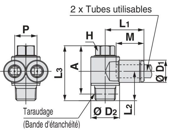 SMC KQ2Z raccord banjo mâle droit R préétanchéifié — deux sorties tube, dessin constructeur